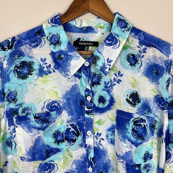 Relativity Shirt Top Womens 3X Blue Button Up Lightweight Collared Long Sleeve - Picture 6 of 14